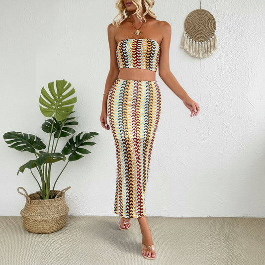 Womens Two-Piece Set Color-Striped Tube Top And Skirt Combo