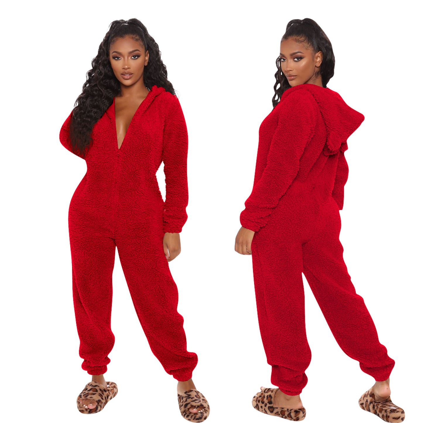 New Autumn And Winter Long Sleeve Hooded Casual Jumpsuit Trousers Plush Homewear Pajamas Cute Jumpsuit