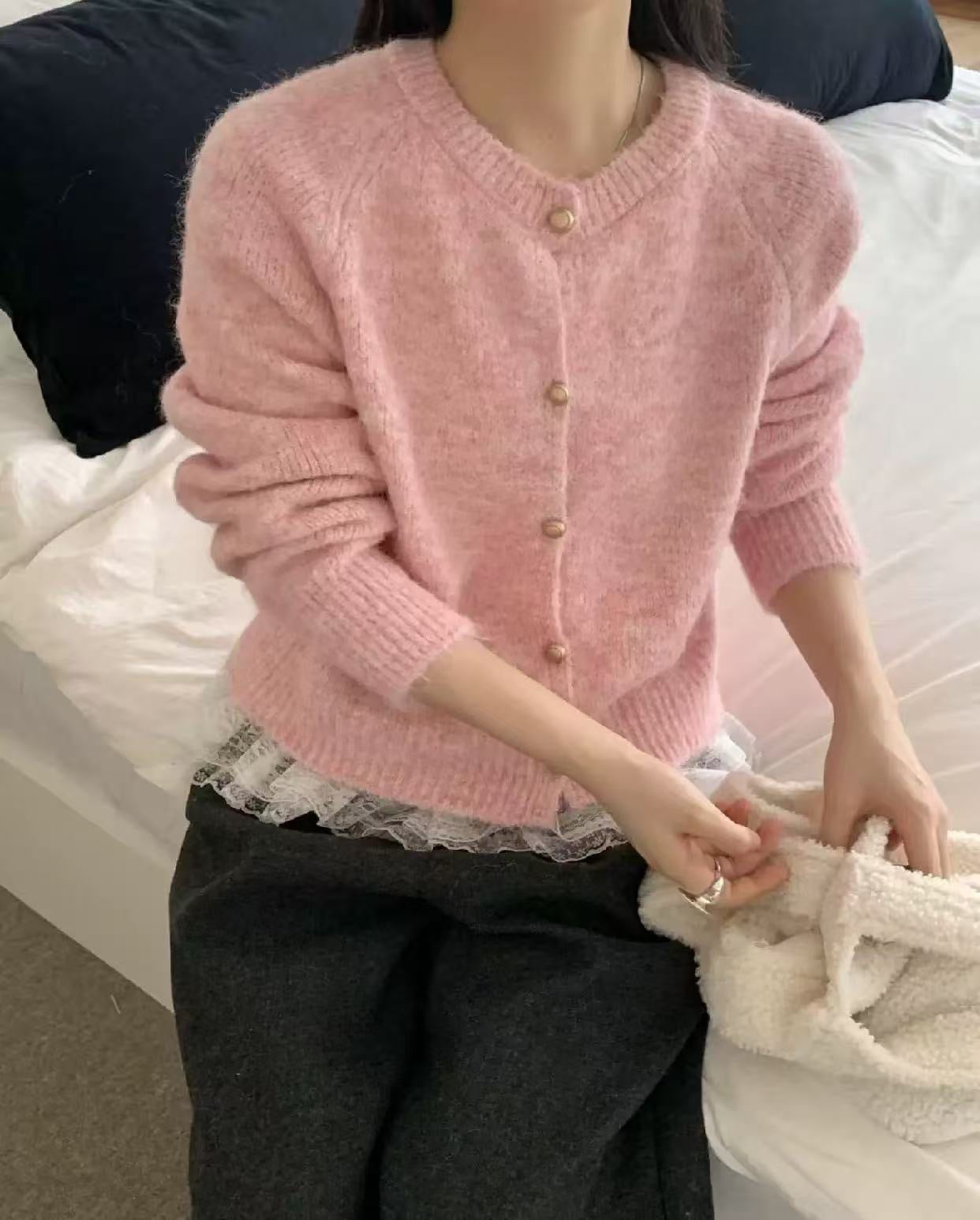 Metal Buckle Round Neck Knitted Cardigan Loose Casual