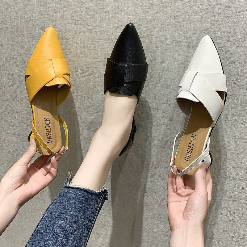 One Word Strap Sandals Mid-heel Toe Cap Half Slippers