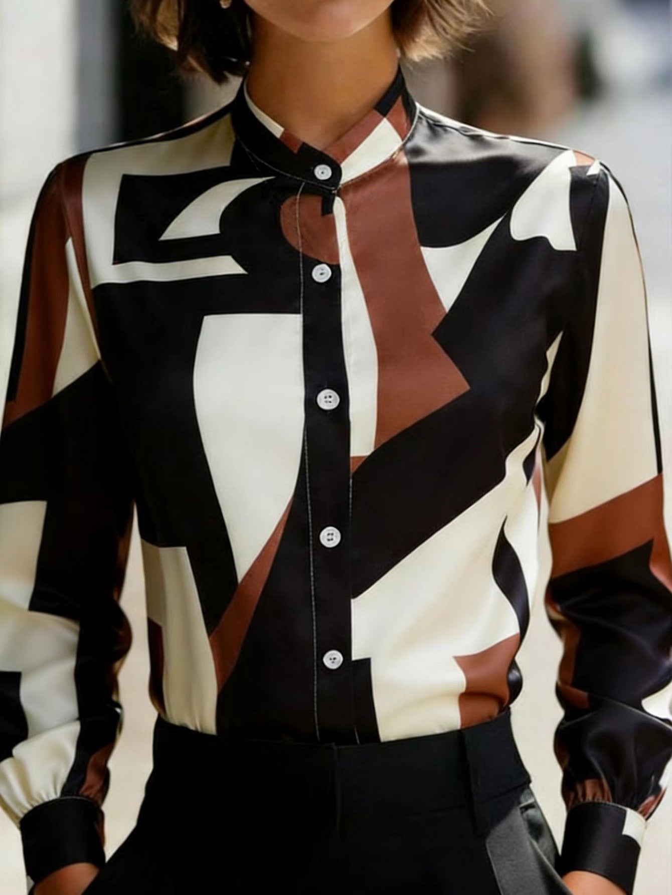 Bold Geometric Color-Block Printed Stand Collar Lantern Sleeve Shirt