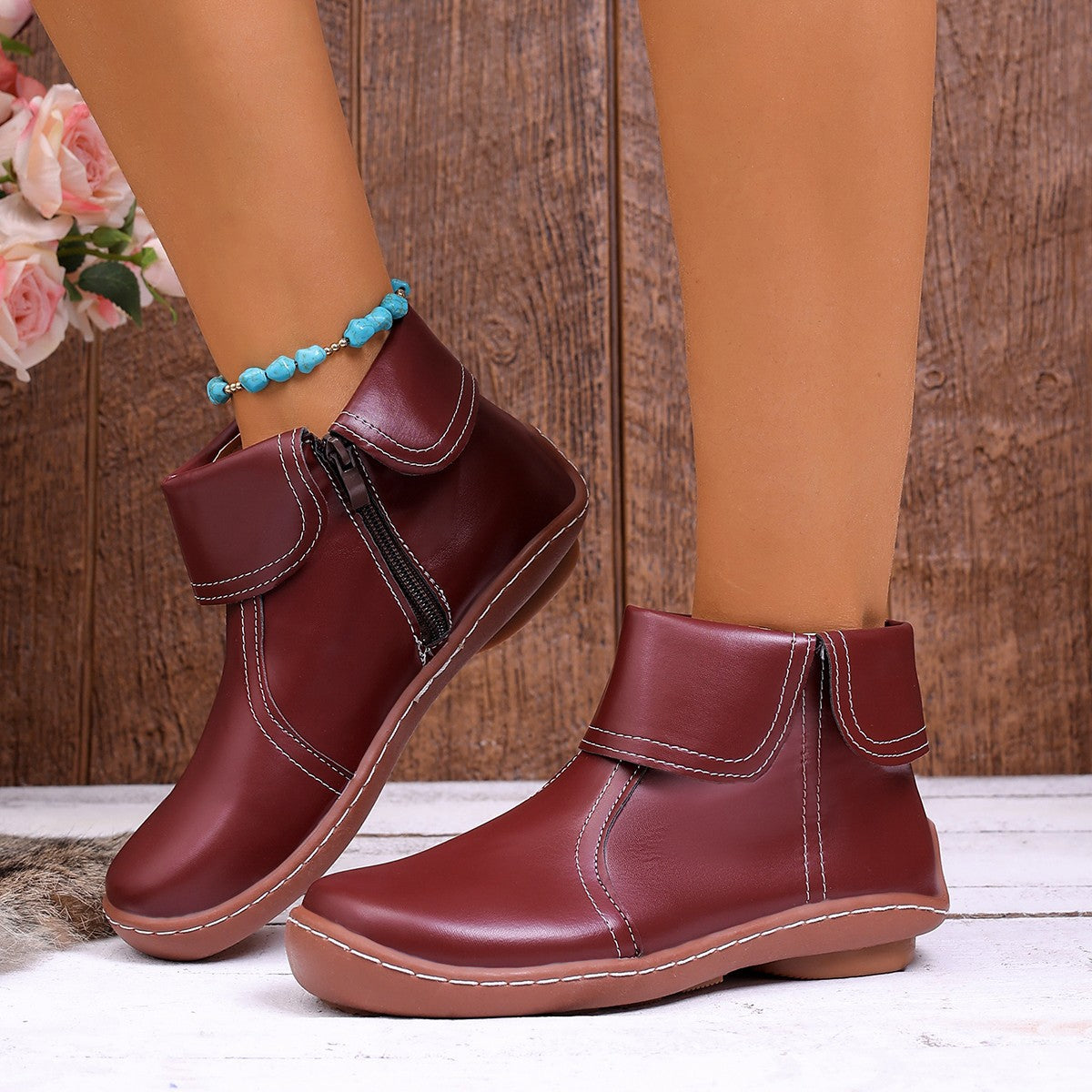 Round-Toe Side-Zip Short-Boot Martin Boots With Stitched Edges