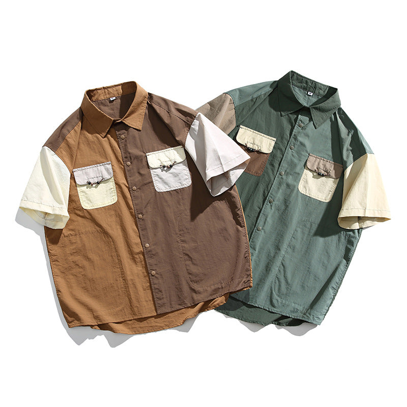 Tooling New Color-blocking Men's And Women's Same Style Over Loose Shirt