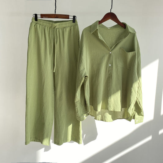 Women's 2-piece Retro Plus Size Cotton Linen Shirt Outfit High Waist Loose Trousers
