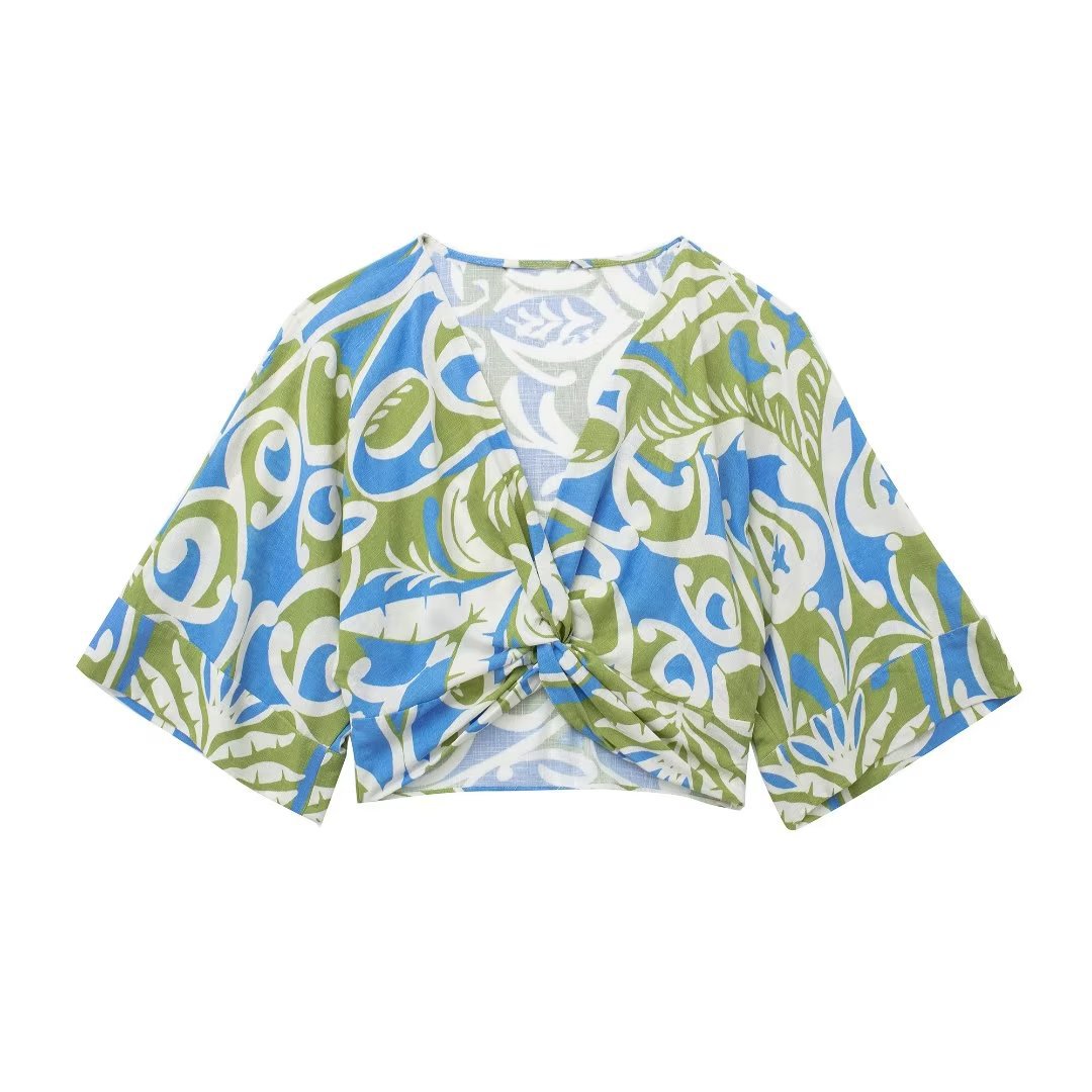 Women's Knotted Shirt Top Printed Wrap Midi Skirt Set
