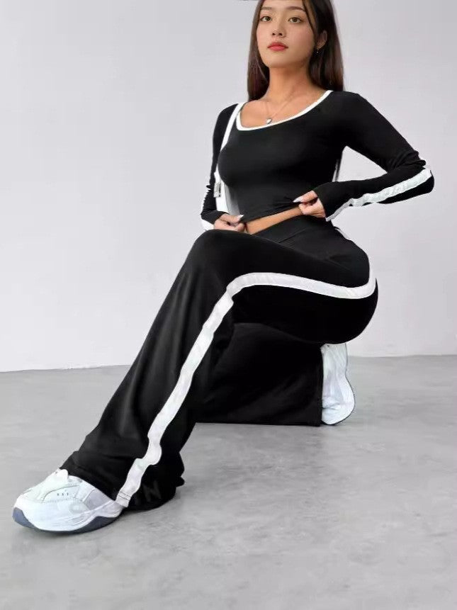 Casual Slim-fitting Patchwork Black And White Long Sleeve Trousers Suit
