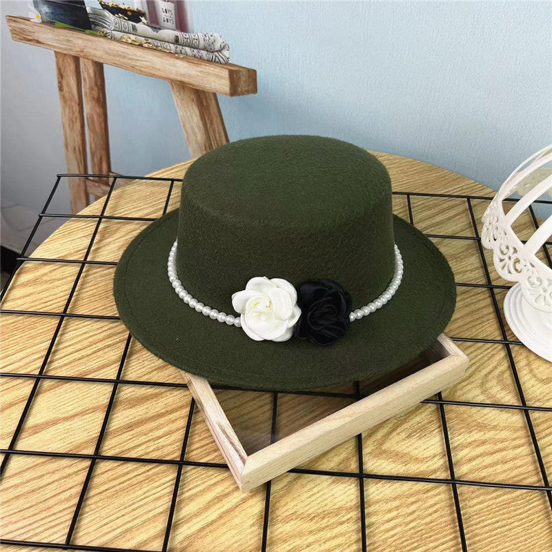 Vintage Hattedame Perlekæde Blomster Uld Flad Hat