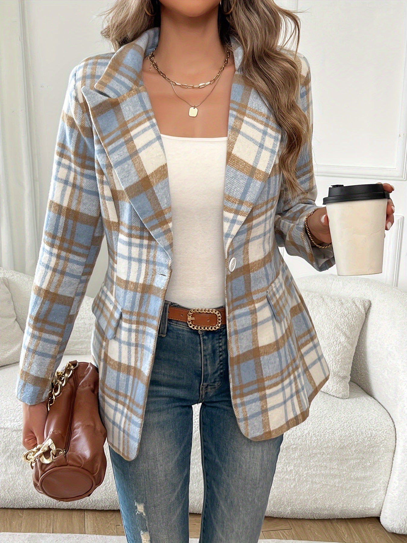Plaid Button Front Lapel Blazer Elegant Long Sleeve Blazer