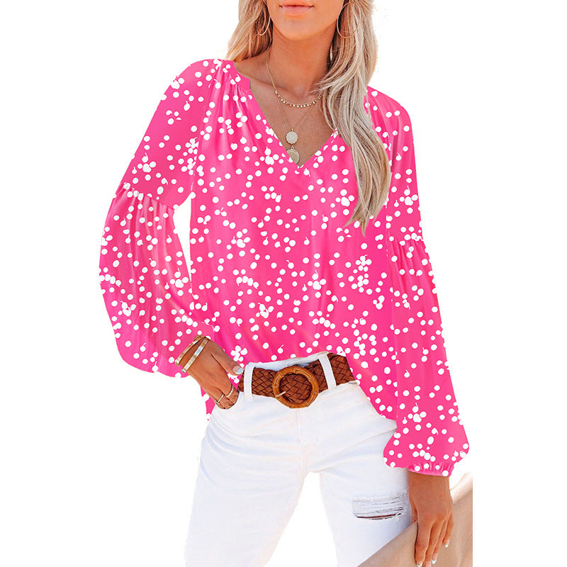 Dames Floral Chiffon Skjorte Løs V-hals Casual Top