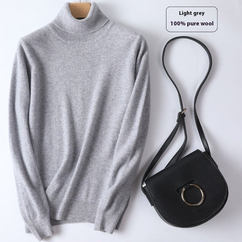 Pure Wool Sweater Women's Turtleneck Pullover Solid Color Loose Short