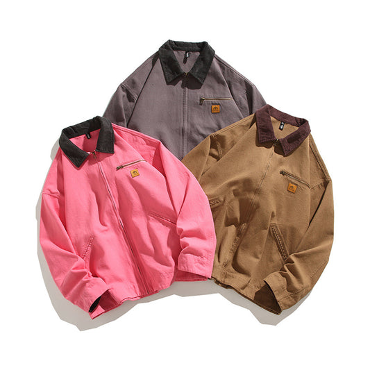 Solid Color Zipper Pocket Lapels Workwear Casual Jacket