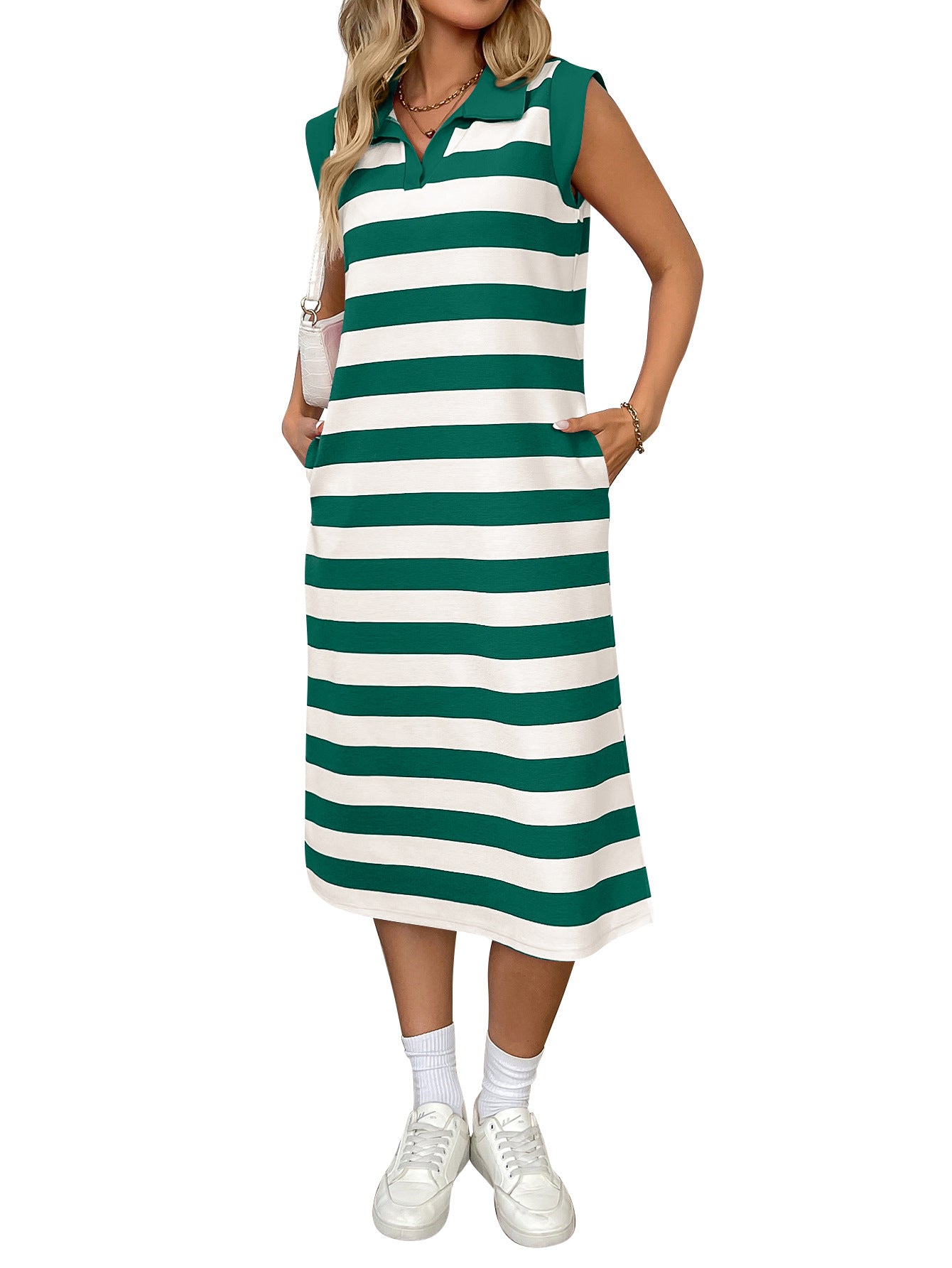 Striped Pocketed Lapel Sleeveless Maxi Dress