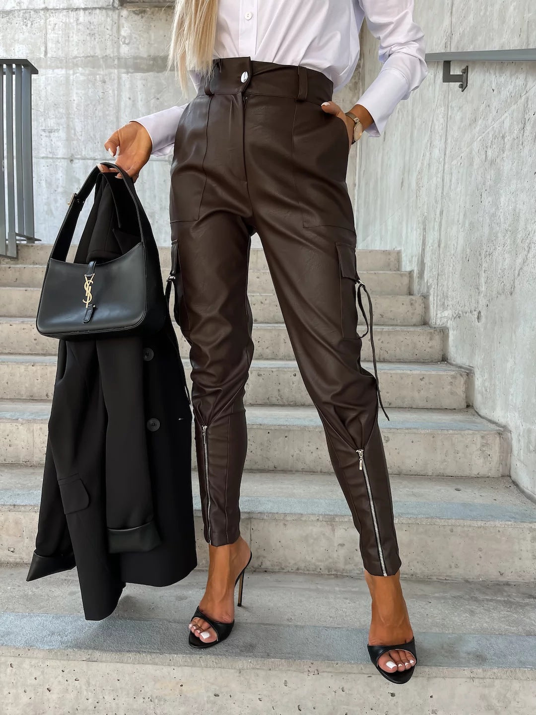 Fall Winter Fashion Slim PU Leather Waist Skinny Trousers With Pockets