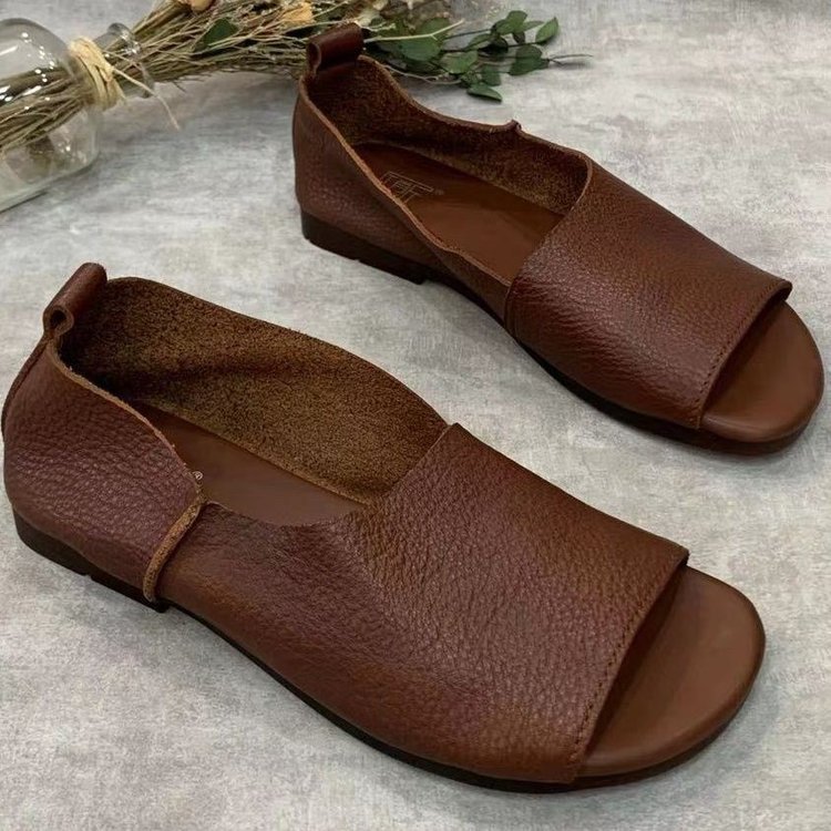 Retro Handmade Soft Leather Open-toe Fish-mouth Shoes With A Soft Sole