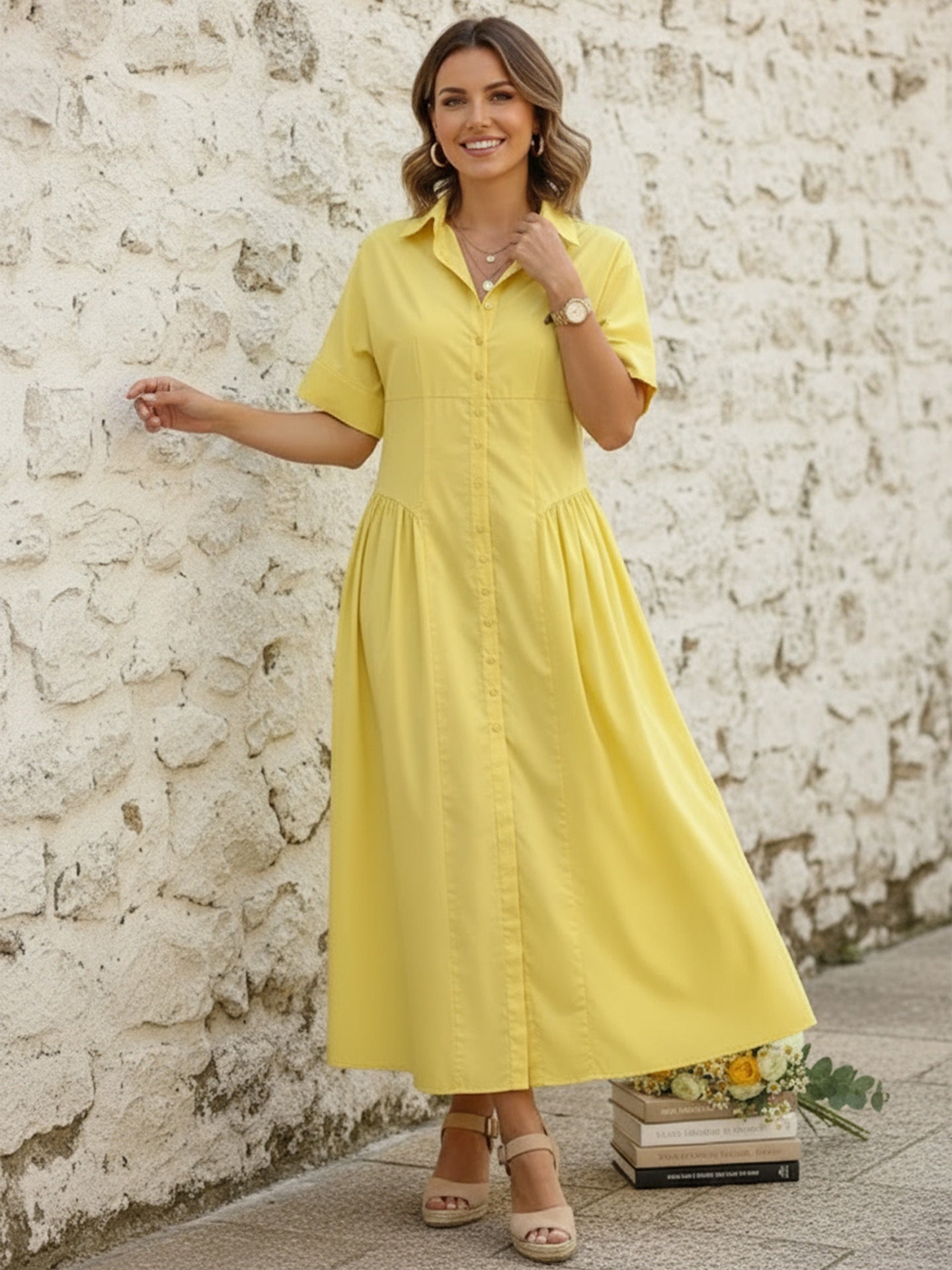 Loose Womens Casual Short-Sleeve Button-Down Dress For Women