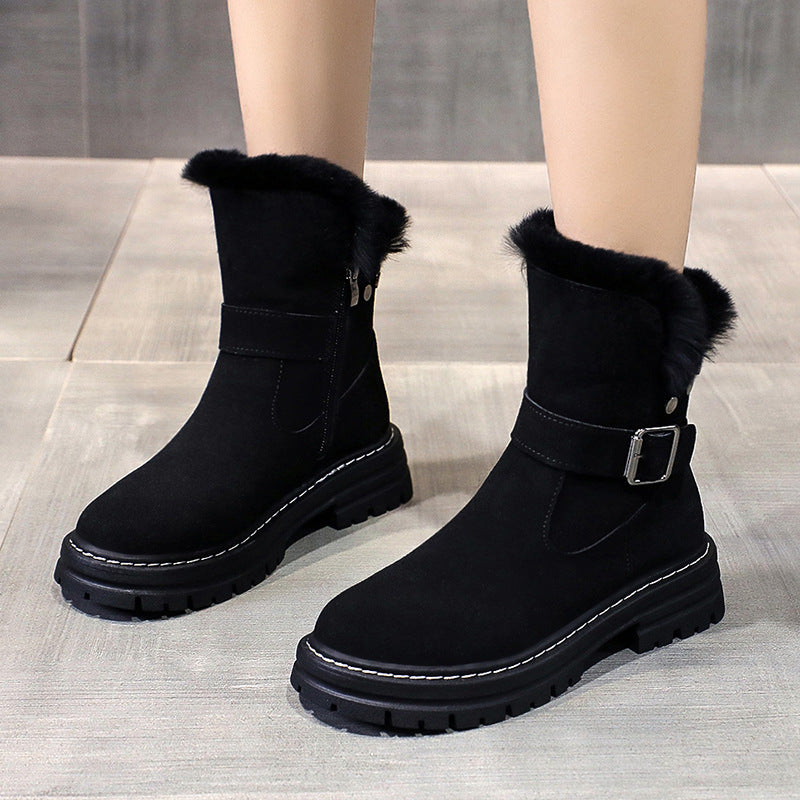 Women's Mid-tube Plus Velvet Warmth Thick-soled Cotton Shoes