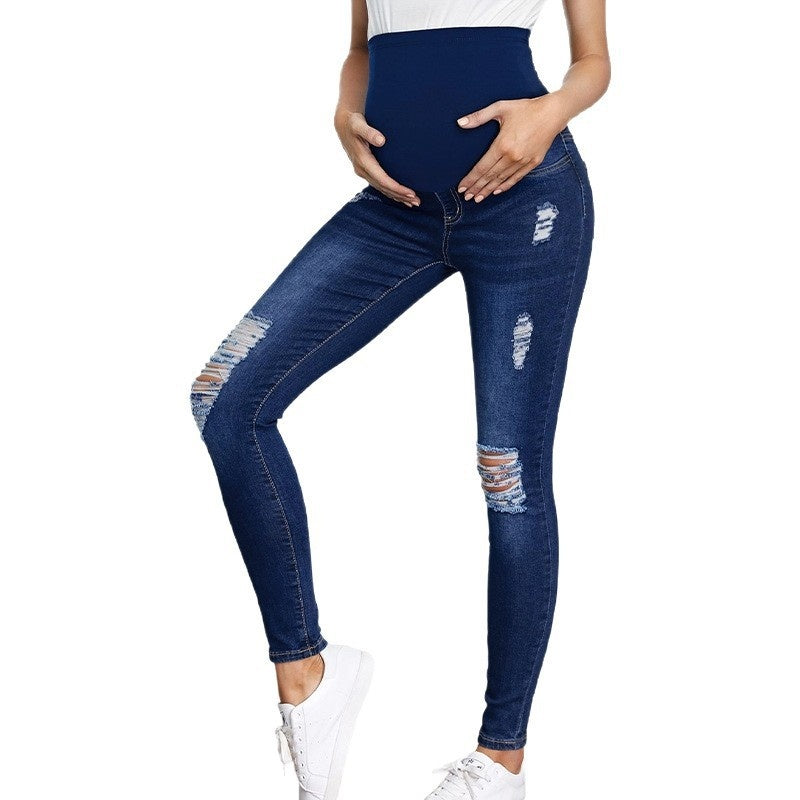 High-waisted Belly-supporting Ripped Maternity Jeans