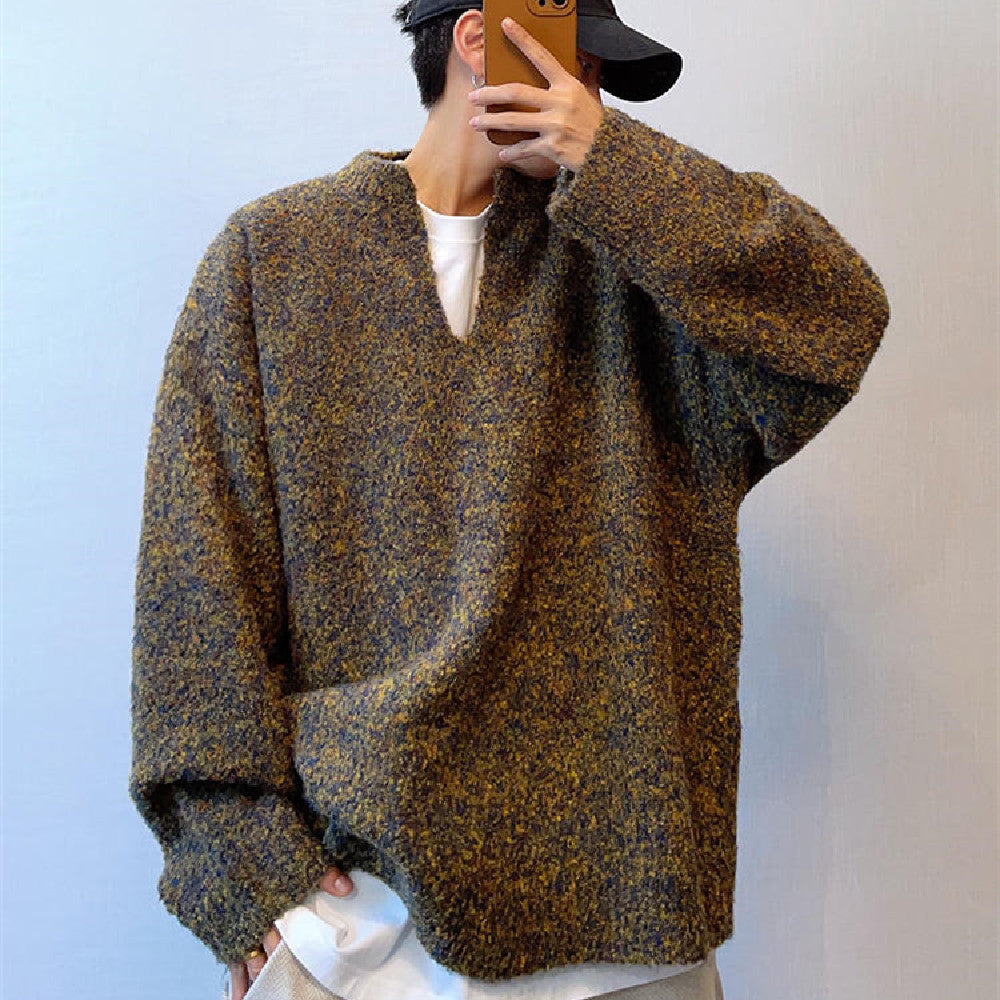 Vinter Retro Nem Matchning Afslappet og Løs Stor Strikket Jule Mosgrøn V-hals Off-Shoulder Sweater Til Mænd