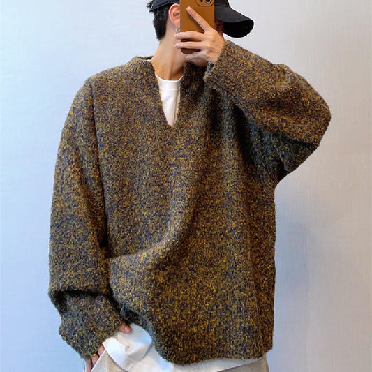 Winter Retro Easy Matching Lazy And Loose Large Design Christmas Moss Green V-neck Off-shoulder Sweater For Men