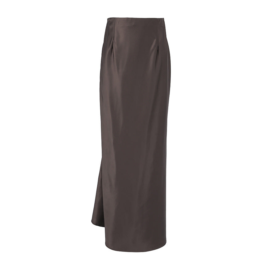 Brown Retro Style Thick Matte Satin High Waist Skirt