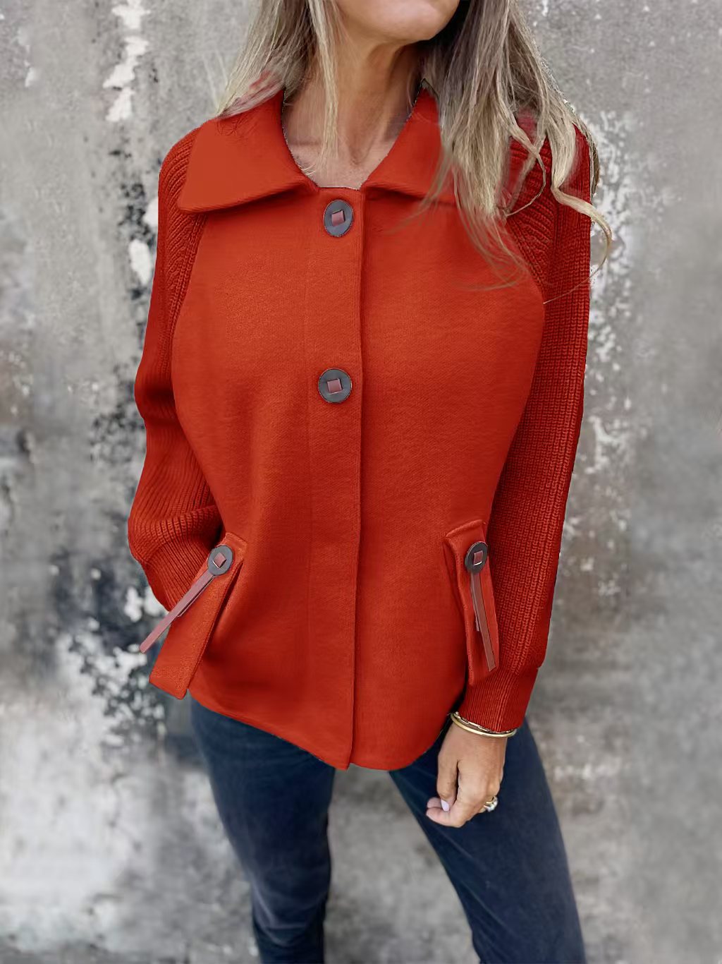 Casual Polo Collar Fashion Pocket Cuff Stitching Jacket Coat
