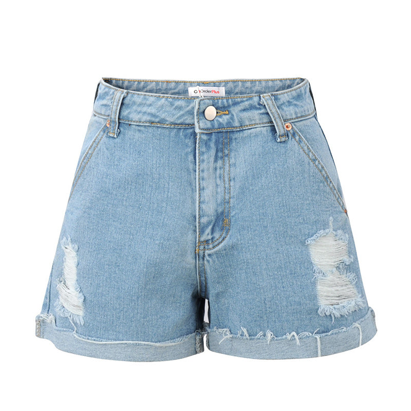 Afslappet Temperament Denim Råkant Høj Talje Vasket Denim Shorts
