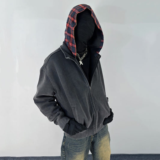 Plaid Patchwork Hoodie Men's Short Cleanfit Coat