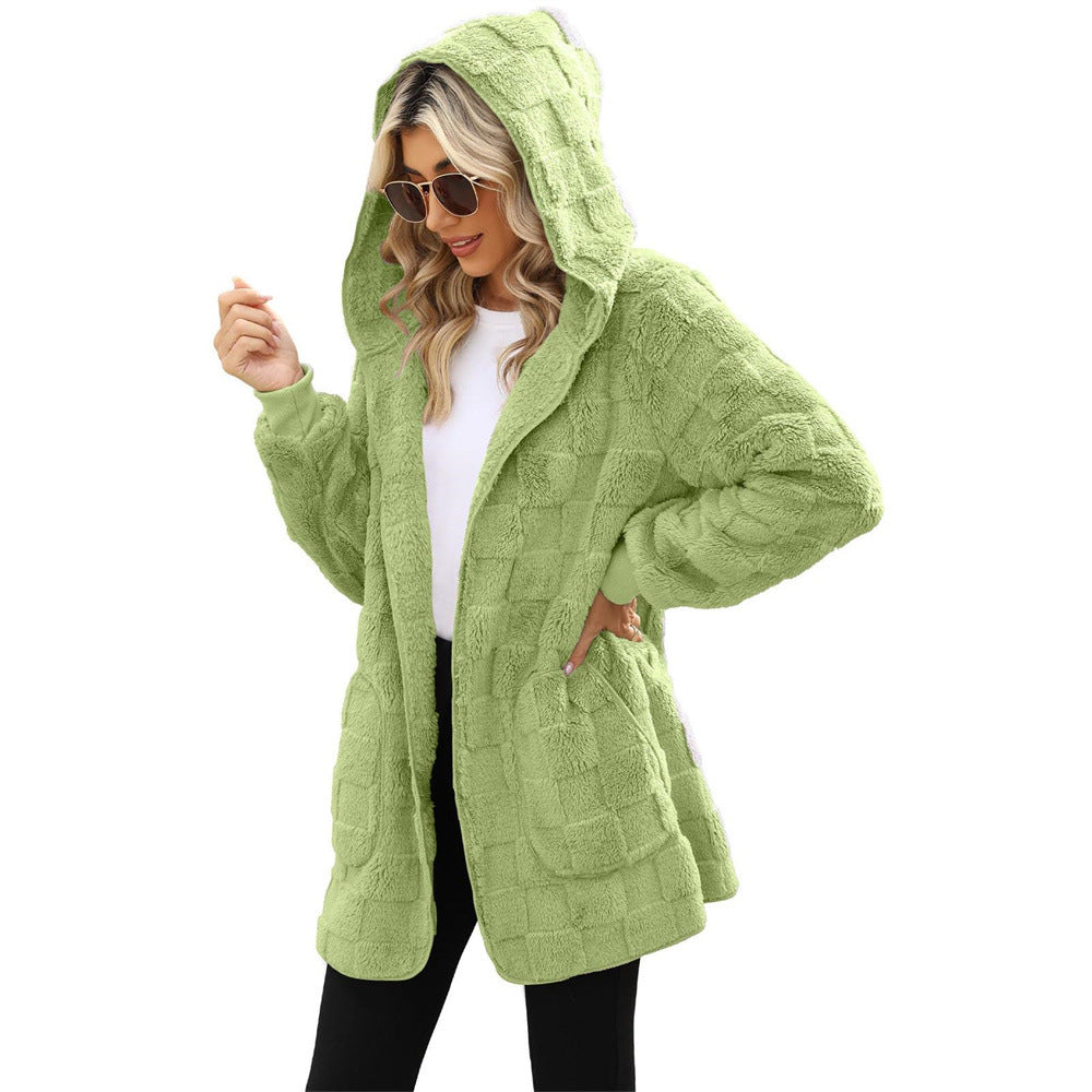 Cardigan Plaid Jacquard Hooded Pocket Plush Cardigan Jacket