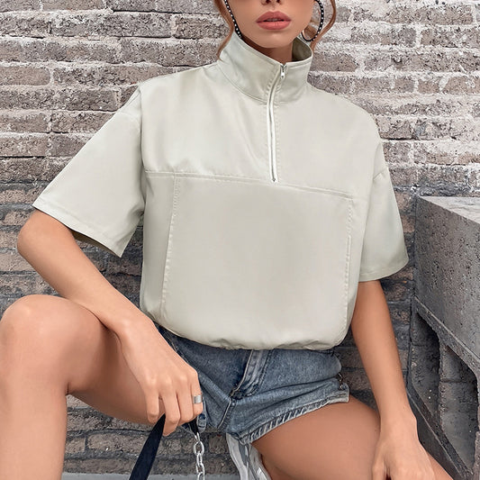 Summer New Short-sleeved Jacket Lapel Pullover Loose Net Red Short Women's Top