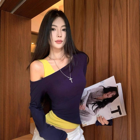 Women's Autumn Design Versatile Slimming Fake Two-Piece Short Top