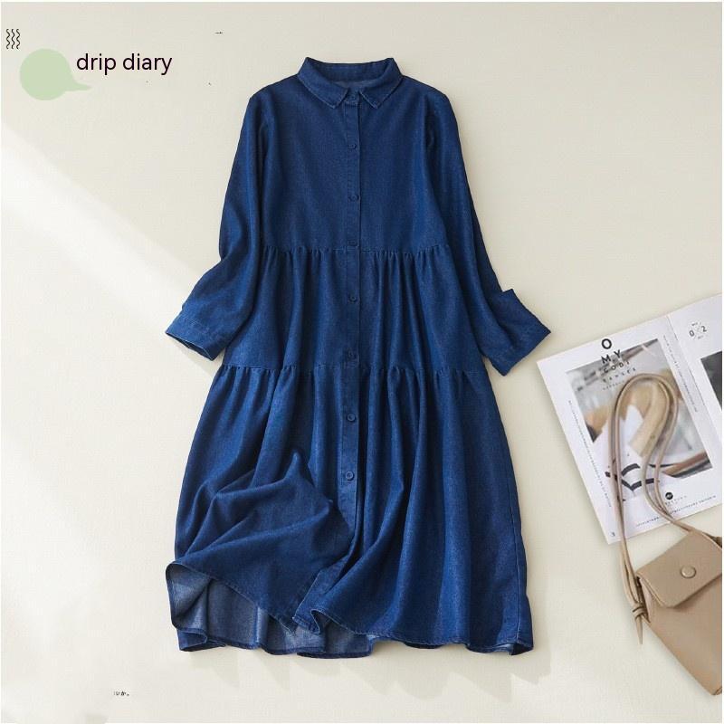 Fall Artistic Loose Plus Size Women's Shirt Collar Brushed White Stitching Ruffle Large Swing Skirt Denim