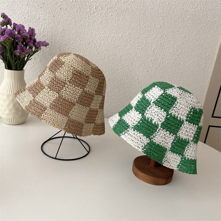Checkerboard Plaid Coarse Wool Knitted Fisherman Hat Handmade For Women