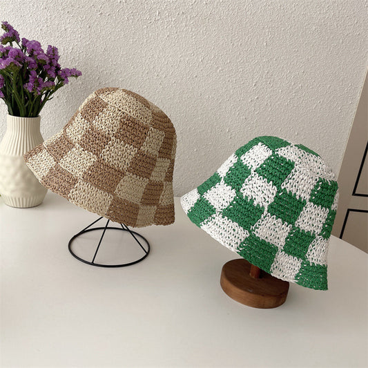 Checkerboard Plaid Coarse Wool Knitted Fisherman Hat Handmade For Women