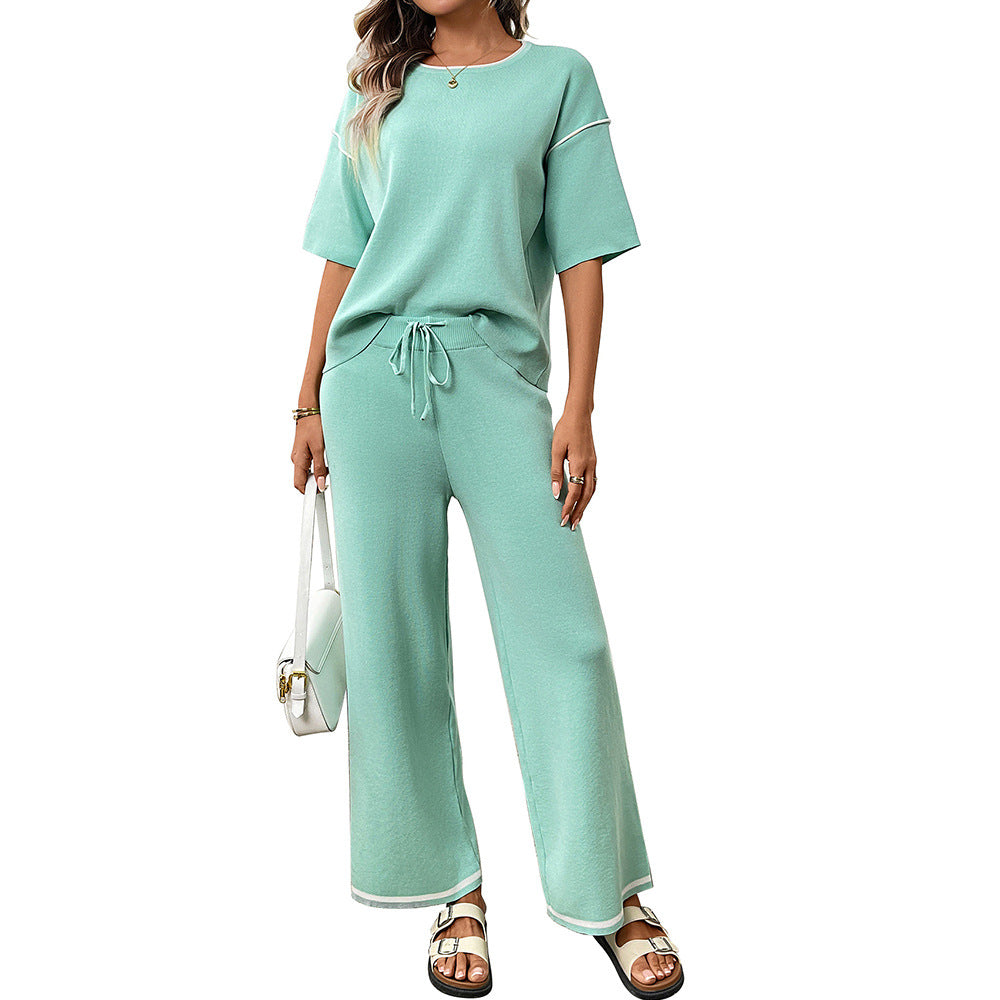 Womens Casual Ice Silk Sweater Short Sleeve Leisure Set