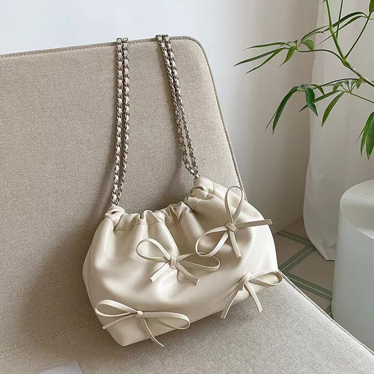 Knotted Chain Cross-body Tote Bag Casual Cute Soft Leather Single Shoulder Bucket Bag