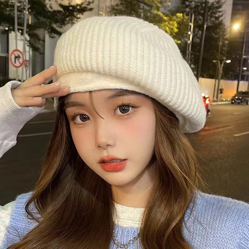 Knitted Beret Women's Ripple Wide Brim Simple And Fashionable