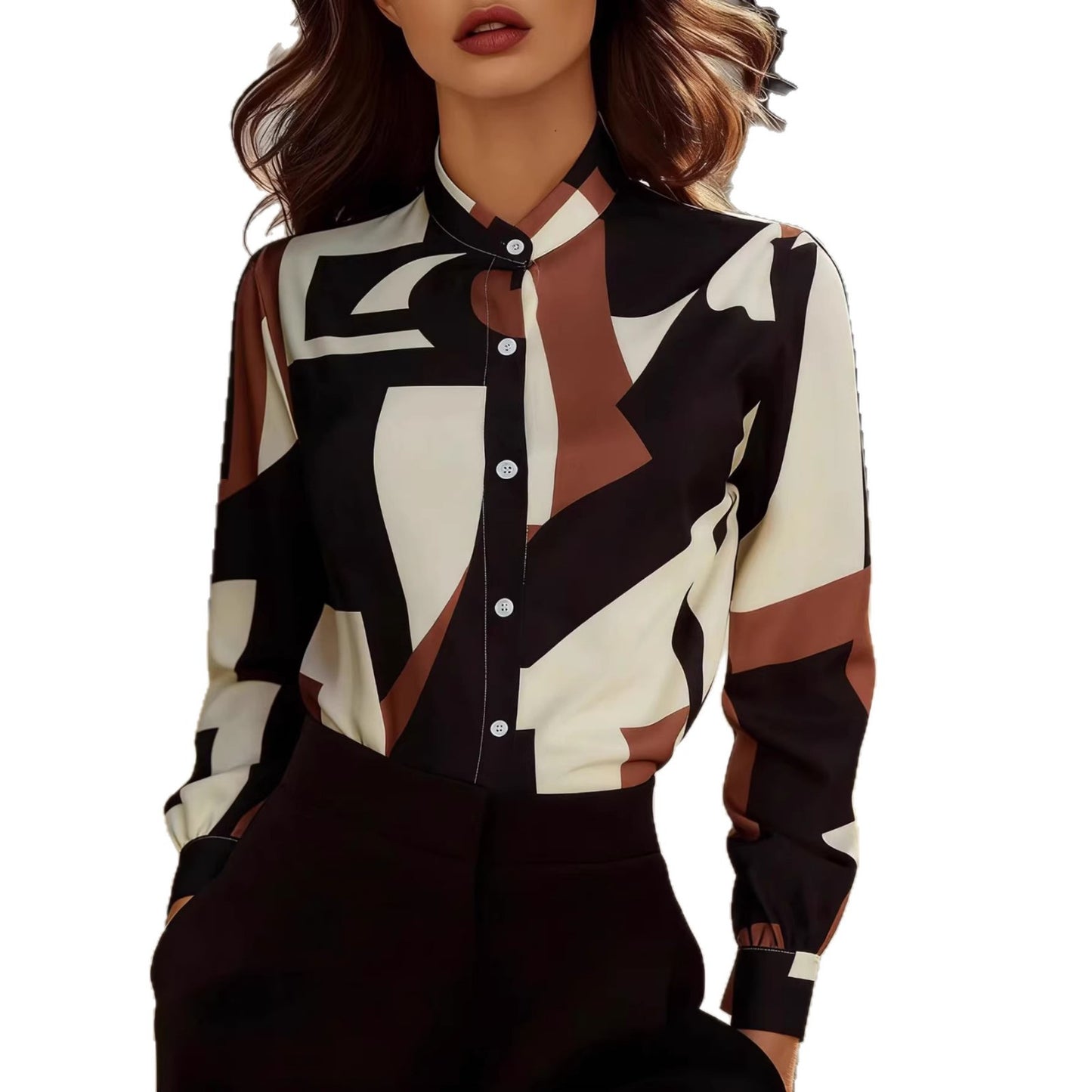 Bold Geometric Color-Block Printed Stand Collar Lantern Sleeve Shirt