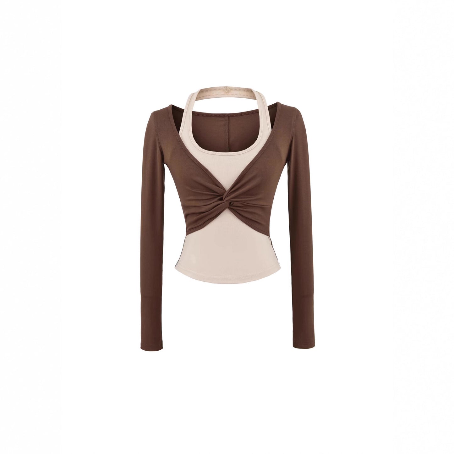 Women's Halterneck Colorblock Fake Two-Piece Long-Sleeve Top