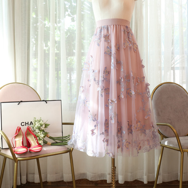 High Waisted Embroidered Mesh Skirt