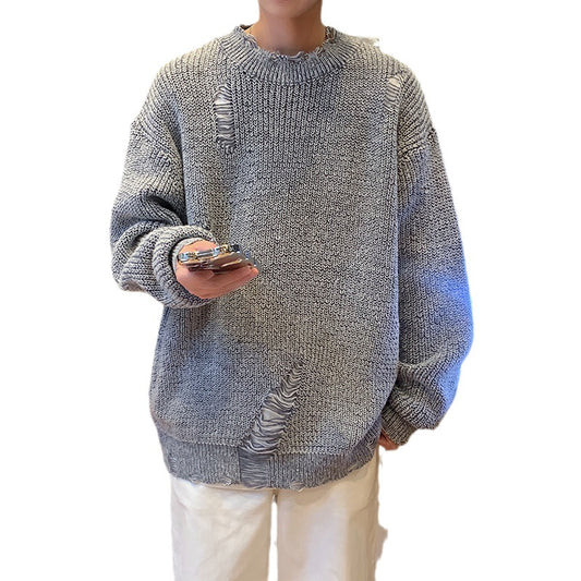 Ripped Round Neck Sweater Men Loose Street