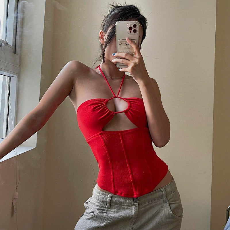 One-line Neck Hanging Neck Lace-up Small Vest Solid Color Top