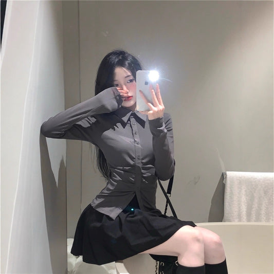Slimming Two-Piece Set POLO-Neck Shirt And Skirt Combo