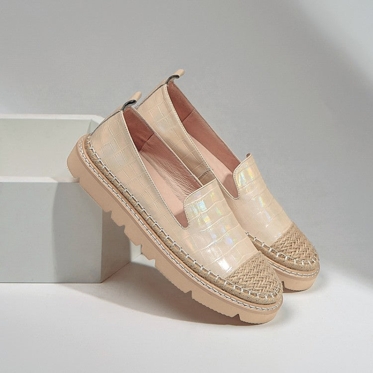 Lacquered Leather Straw Round-toe Shoes