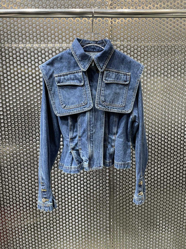 Distressed Stitching Pocket Denim Jacket With Waist