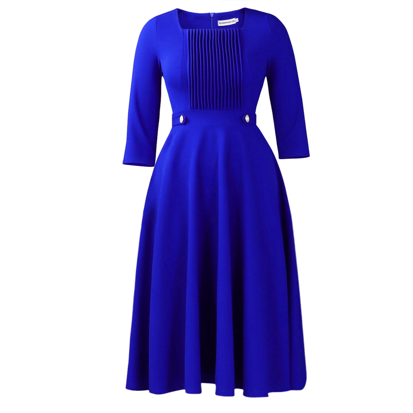 Fashionable Square-Neck Solid-Color Pleated Plus-Size Dress