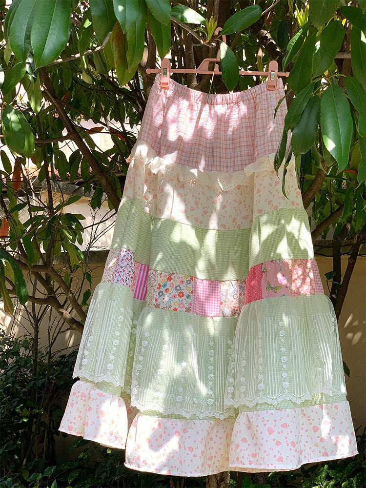 Women's Lace-trimmed Floral Patchwork High-waisted Skirt
