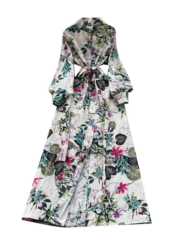 Fransk-inspireret retro elegant enkelttradet blomstret kjole med snøre i taljen til kvinder