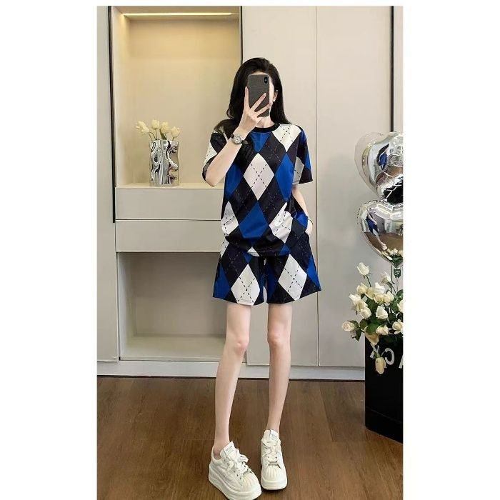 Women's Fashion Casual Geometric Short-Sleeve Suit