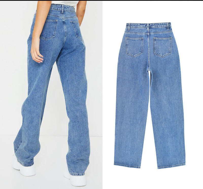 High Waist Light Blue Loose Straight Drape Denim Trousers
