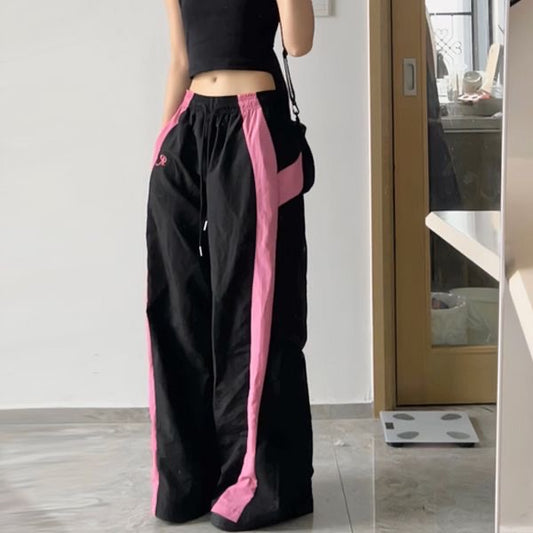 Contrast Patchwork Loose Casual Drawstring Wide-leg Pants